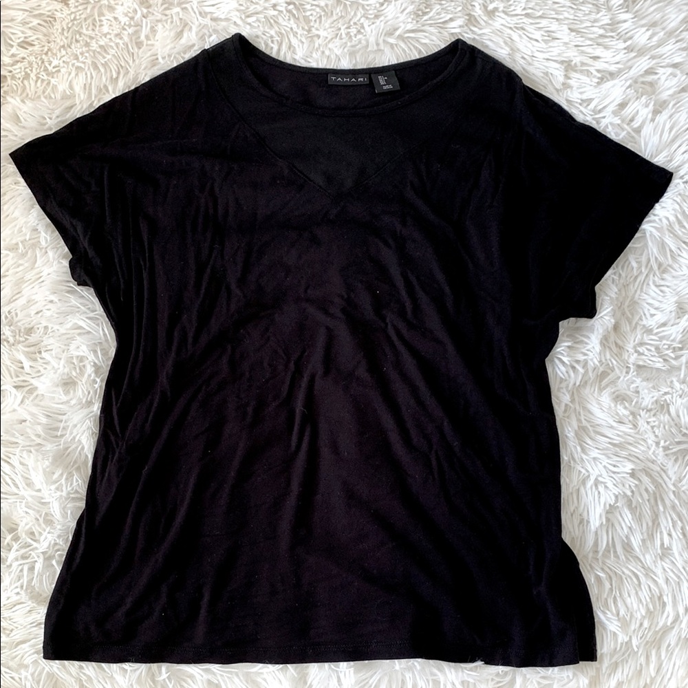 Tahari Black Short Sleeve Top with Sheer Collar
